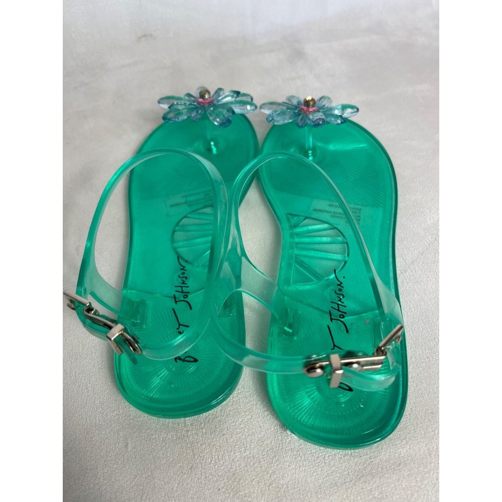 Betsey Johnson Size 7 Flip Flop Sandals Green Jelly Sarai Blue Flower Beach Pool - Picture 4 of 6
